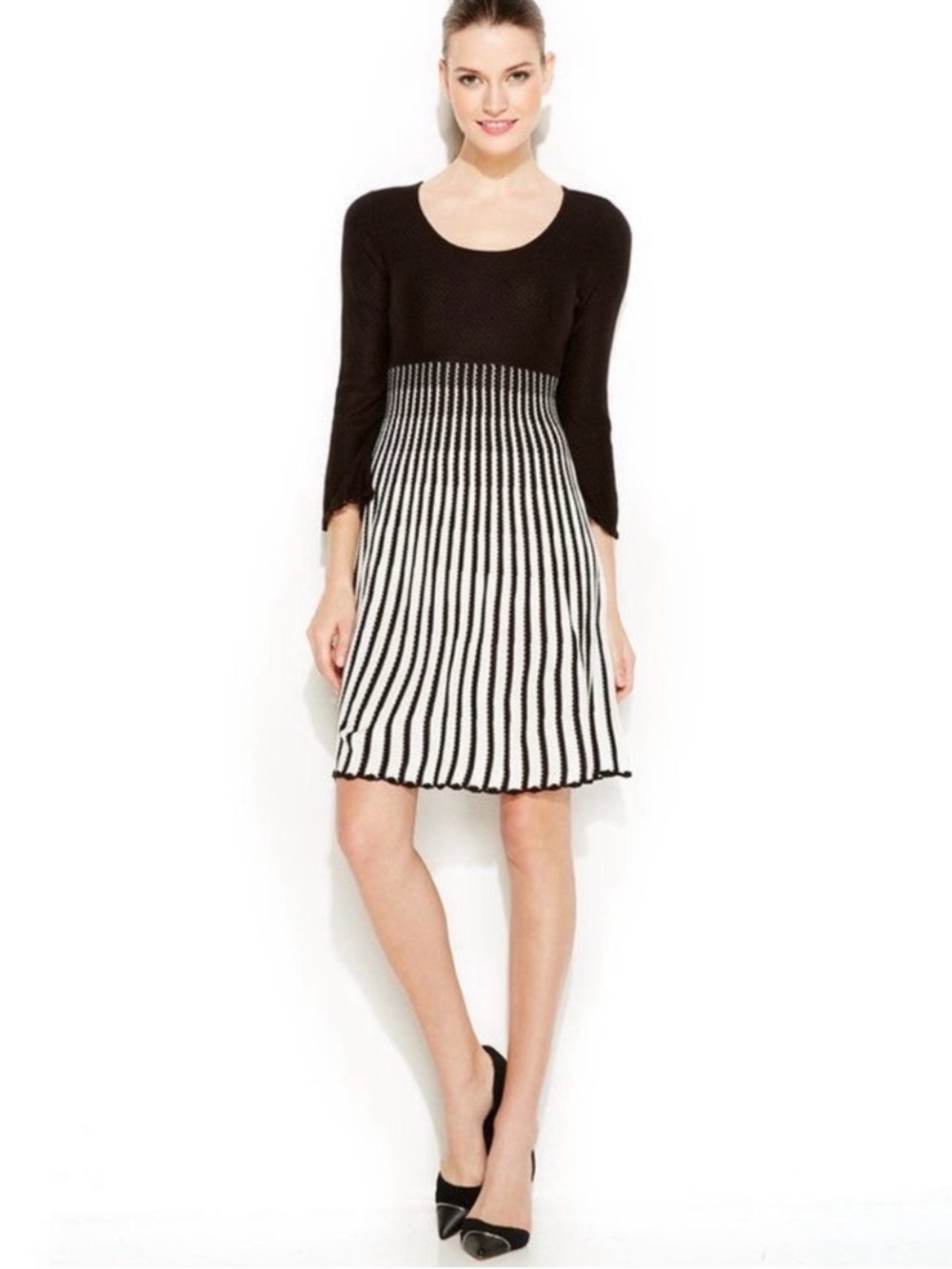 Calvin Klein Black and White Fit-and-Flare Knit Dress Size Large